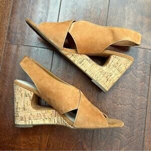 Com + Sens “Missy” Women’s Cognac Suede Slingback Cork Wedge Heels, Size 9